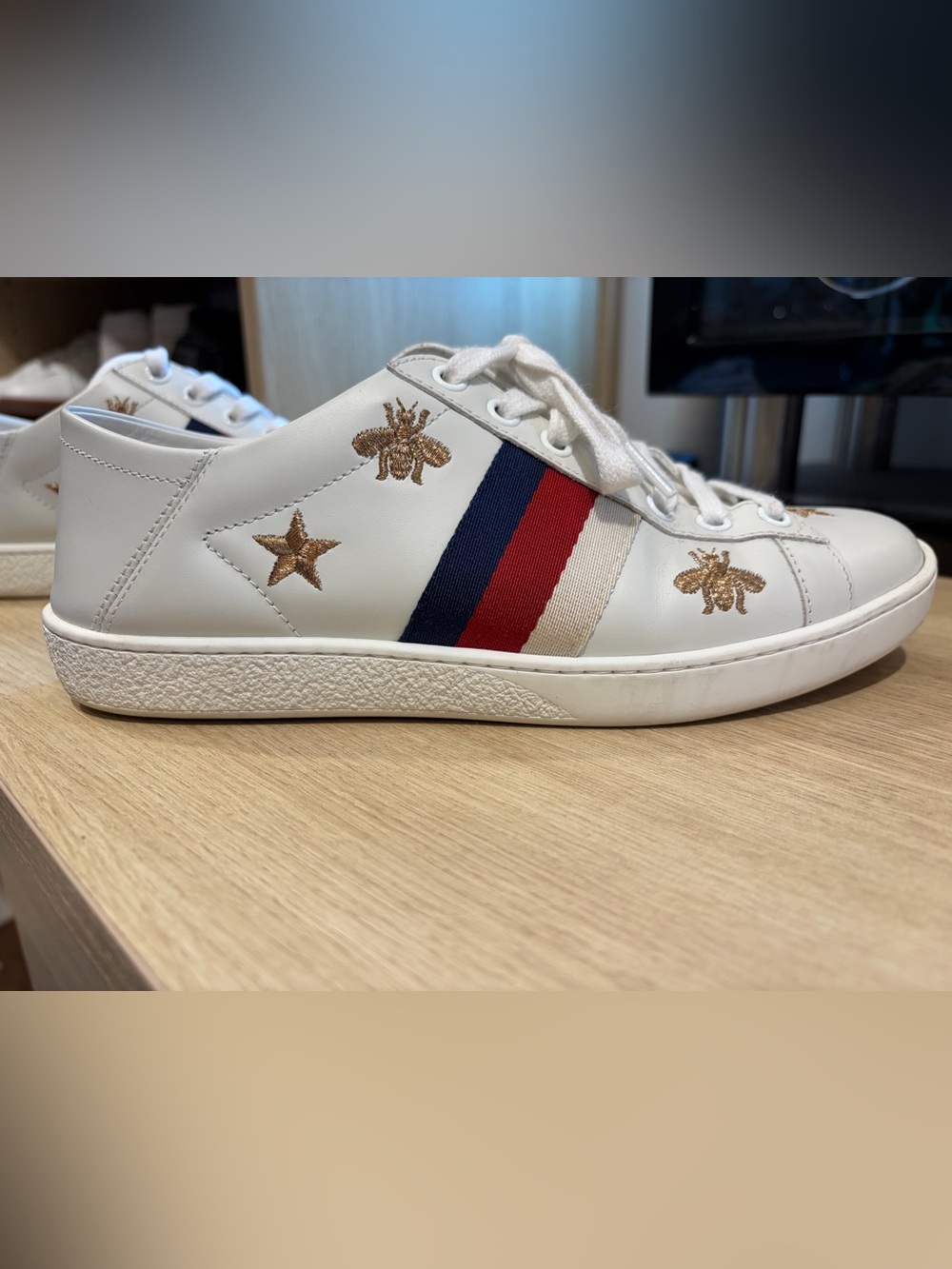 Gucci Ace Embroidered 'Bees and Stars' Shoes with Red/Navy Stripe, Size 36